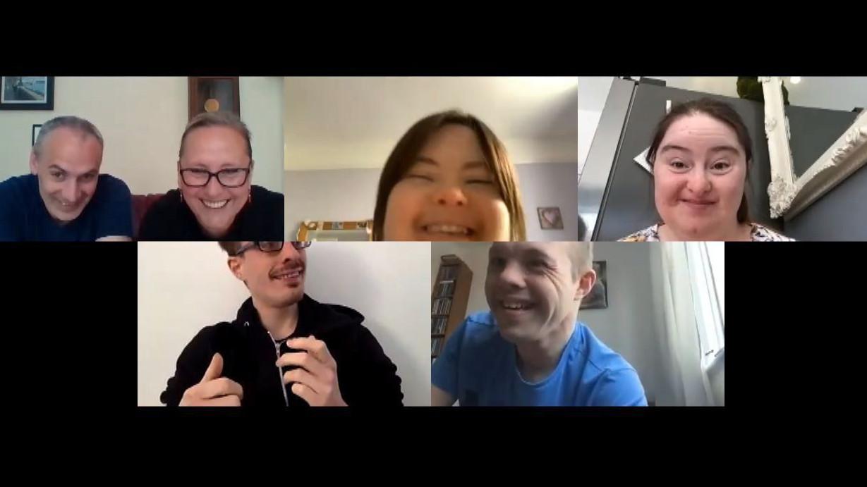 Dan, Katy, Megan, Hilly, Lewis and Sam on a Zoom chat.