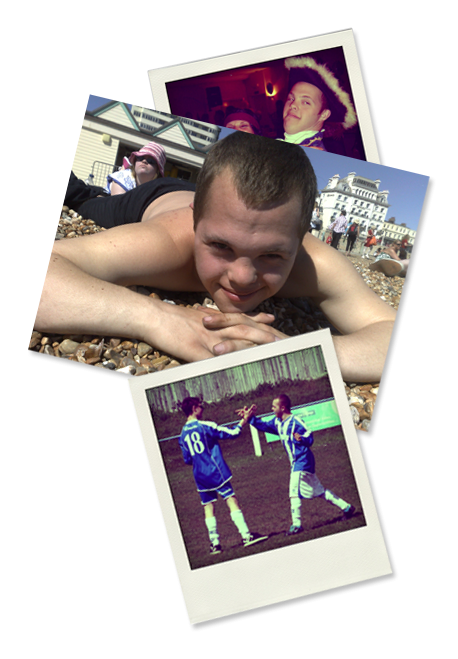 A collage of 3 photographs: Sam in fancy dress, Sam on Brighton beach, Lewis and Sam playing football.