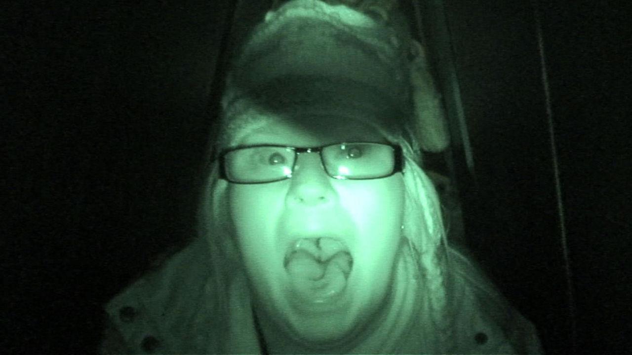 Lucy screaming at the night-vision camera.